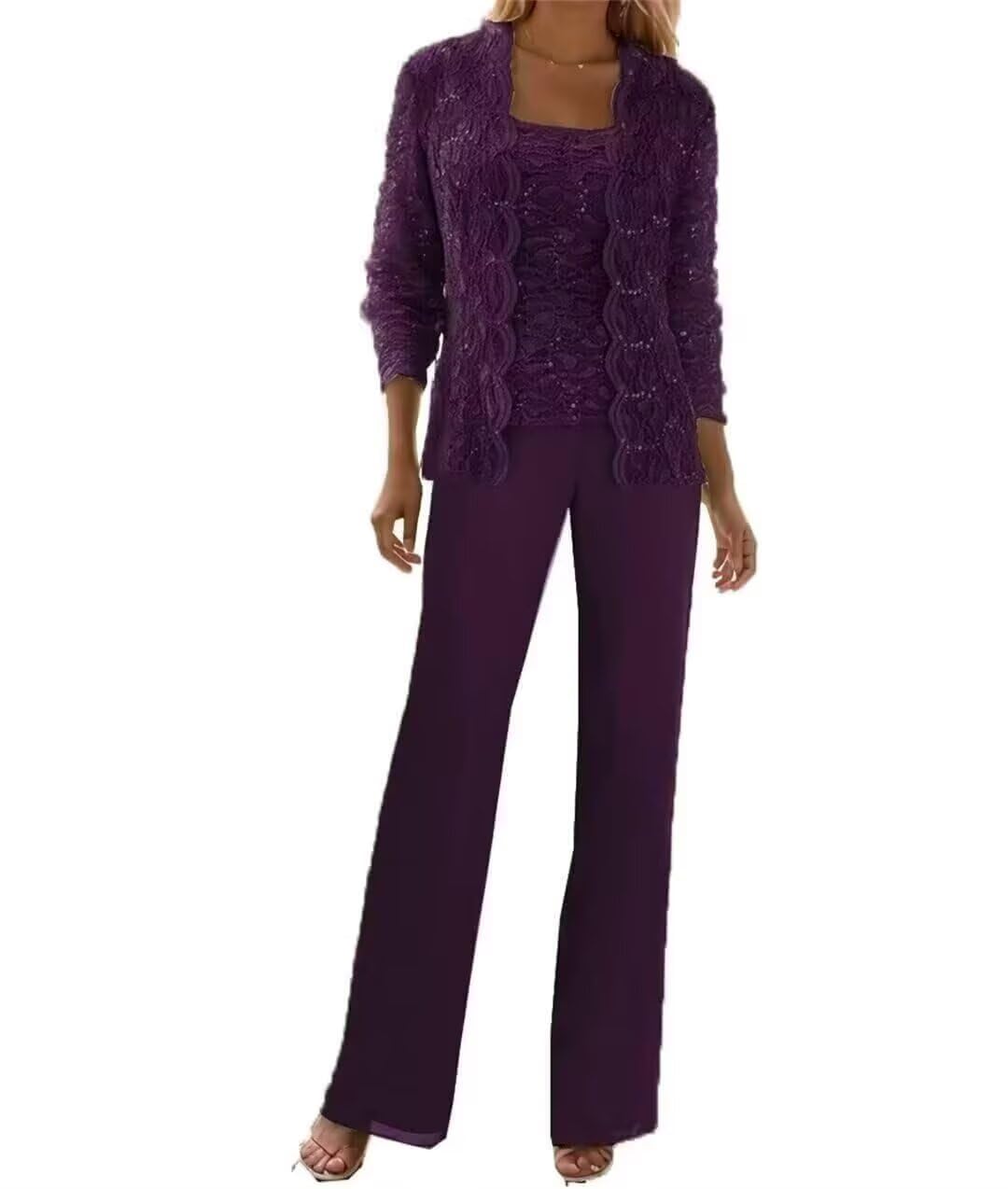 3 Pieces Chiffon Lace Mother of The Bride Pant Suits with Jackets Sequins Wedding Guest Dresses for Women