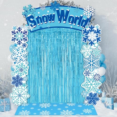 VitalCozy 7pcs Birthday Party Decorations Snowflake Tinsel Foil Fringe Curtains Porch Banners Snow Runner Backdrop for Wonderland Party Decoration Winter Supplies