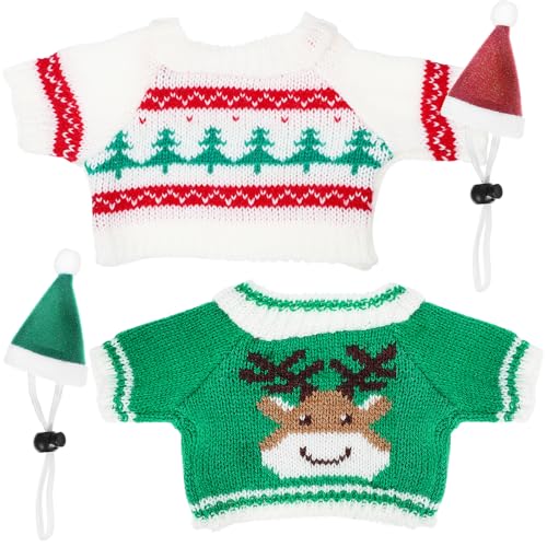HANABASS Christmas Pet Outfit for Small Pets 2 Mini Hats and 2 Knitted Sweaters Festive Guinea Pig and Bunny Costume Set including Comfortable Elastic Straps for Winter