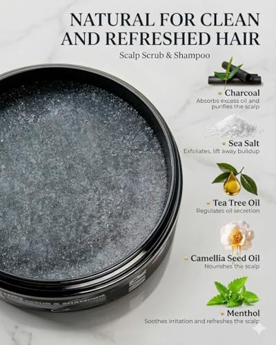JVR Scalp Scrub Shampoo Charcoal 2-In-1 Scalp Exfoliator to Clarify Build Up, Dexofiy & Purify Cleanser for Shine & Hydration - Sea Salt, Tea Tree Oil, Vegan & Cruelty Free for Dry or Oily Scalp 8.8oz - Image 3