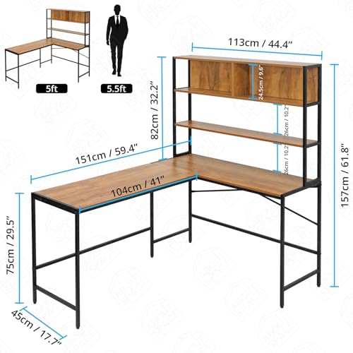 Image of ABOUT SPACE 3 Tier Computer Table with Unique L-Shaped Modern Desktop for Pc, Laptop, Study & Writing Open Bookshelf with Tower Storage Display Shelf [Teak - L 151.7 x B 113.5 x H 157 cm]