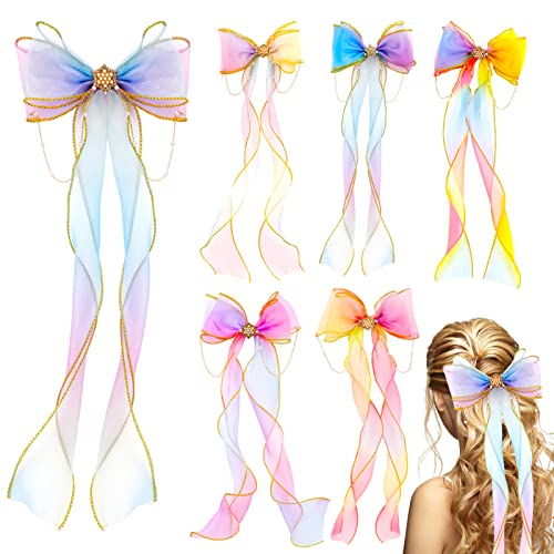 QUEEN KING Colorful Ribbon Hair Bows for Girls,6 PCS Princess Hair Bows Alligator Clips Cute Clips Bows Hairpin Accessories for Girls Kids Teens Hair Accessories (Gradient Color)