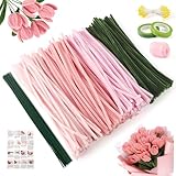 Pfeifenreiniger Blumen Set, 300 Stück Pfeifenputzer zum Basteln, Pfeifenreiniger zum Basteln, mit Grüne Bastelfaden, Klebeband, Geschenkpapier für DIY-Kunsthandwerk, Rosa