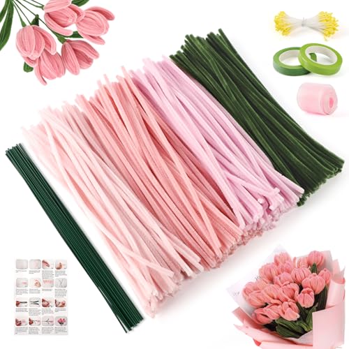 unbholkk Pfeifenreiniger Blumen Set, 300 Stück Pfeifenputzer zum Basteln, Pfeifenreiniger zum Basteln, mit Grüne Bastelfaden, Klebeband, Geschenkpapier für DIY-Kunsthandwerk (Rosa)