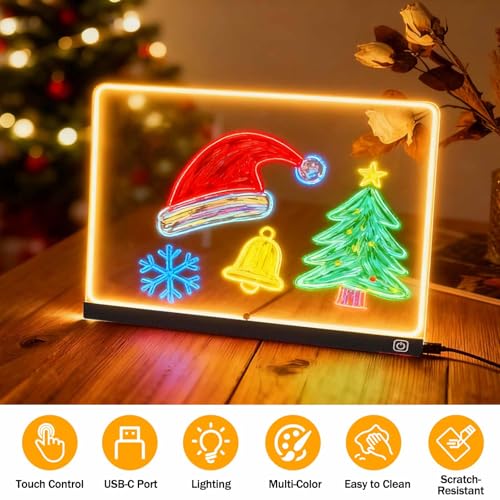 LED Notiztafel mit Farben, Verstellbarem Ständer, 30x20CM LED Note Board, 12 Buntstifte, Transparente Acryl Leuchtende Schreibtafel, Abwischbar Beleuchtetes Wordpad