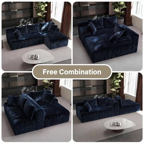 Image of LAUSAINT HOME 96 inch Modular Sectional Sofa Couches, L-Shaped Boneless Cloud Sofa with 3 Deep Seat, 5 Cushiones Oversized Chaise for Living Room, Bedroom, Plush Corduroy Fabric (Right, Navy Blue)