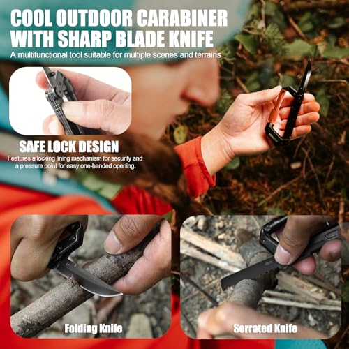 Image of Carabiner Multitool with Pocket Knives, EDC Carabiners, Serrated Knife, Rope Cutter, Screwdriver, Can Bottle Opener, Ruler, Folding Knife for Camping Hiking, Multitool Survival Gear (Orange)