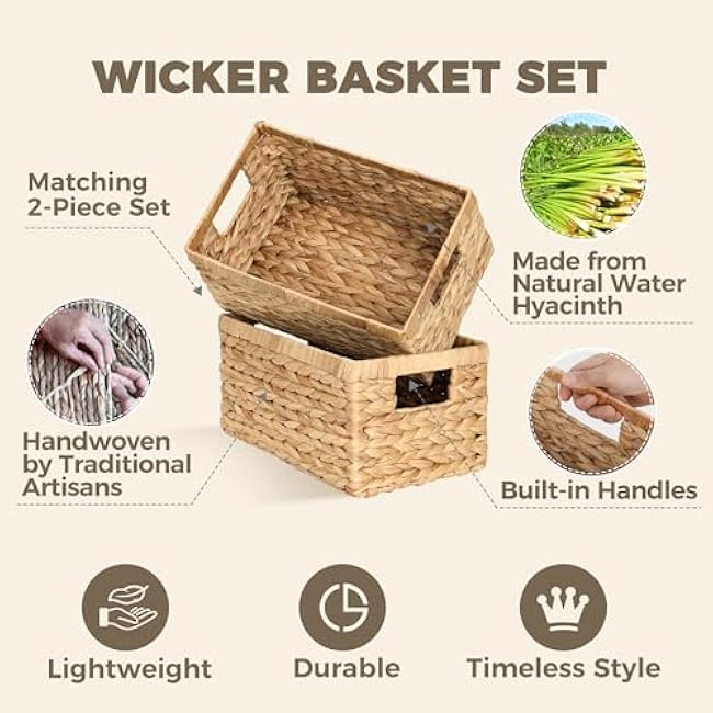 Set of 2 Wicker Shelf Storage Baskets for Organizing - Natural Durable Water Hyacinth Woven Basket Pantry Bin Organizers for Shelves with Handles for Home & Decor Organization, 12.5¡± x 8¡± x 6.5¡±