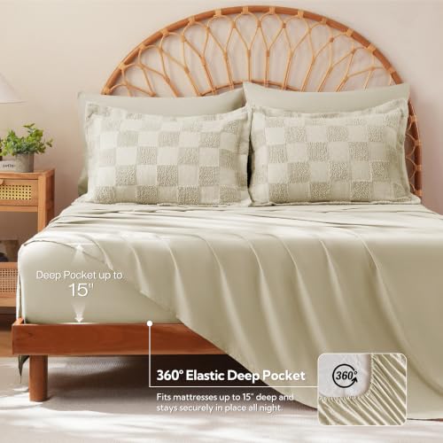 Image of MR&HM Queen Comforter Set 7 Pieces, Checkered Boho Tufted Bed Set Linen | Farmhouse Vintage Bed with Plaid Geometric Design, All-Season Bed in A Bag Comforter with Sheets, Pillow Shams & Pillowcases
