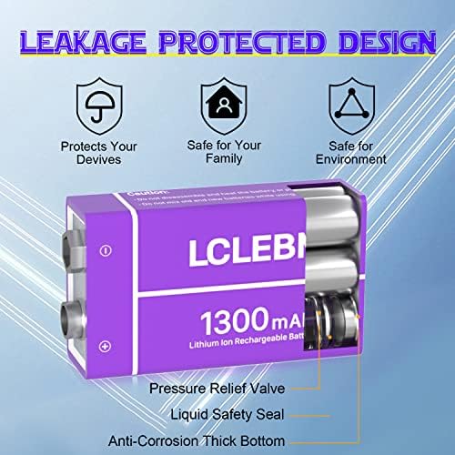 LCLEBM USB Rechargeable 9V Batteries, 1300mAh 9V Lithium Rechargeable 9V Batteries Long Lasting 9 Volt Li-ion Batteries for Smoke Alarm, Wireless Microphones, Smoke Detectors, Flashlights - 4PCS