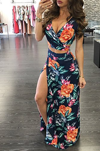 WOKANSE Women's Sexy 2 Piece Outfits Summer Beach Boho Floral Dress V Neck Crop Tops and High Split Maxi Skirt Sets2