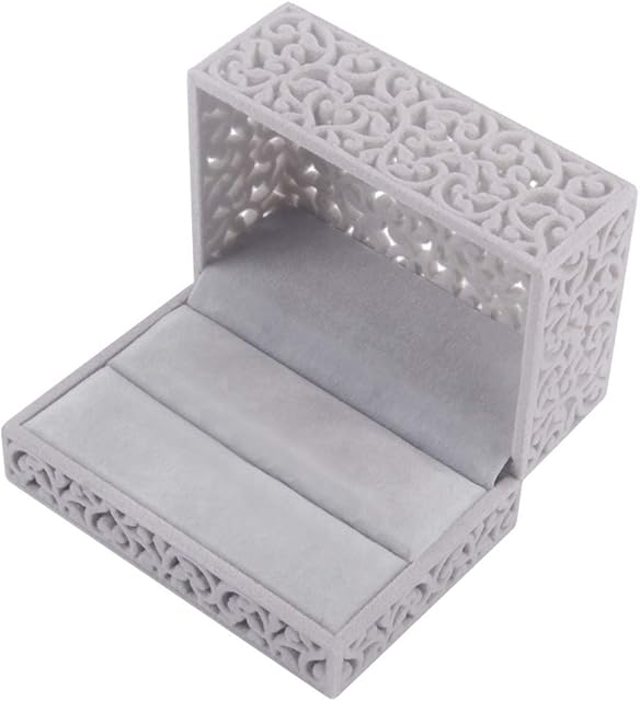 DesignSter Wedding Ring Box for 2 Rings - Hollow Velvet Ring Bearer Boxes for Wedding Day/Jewellery Earring Box/Engagement/Valentine's Day(Gray)