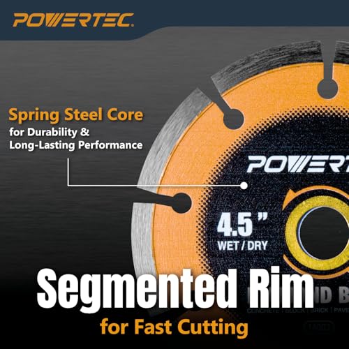 Image of POWERTEC 4-1 /2 inch Segmented Diamond Saw Blades for Angle Grinder, Diamond Blade for Cutting Concrete, Block, Brick, Pavers, Roofing Tile, 4.5 inch Diamond Blades for Wet /Dry Cutting, 2 Pack (14003-P2)