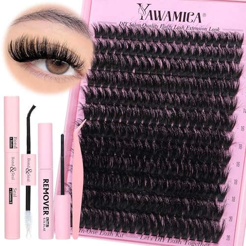 Yawamica Fluffier Lash Clusters Kit with Remover Wispy Cluster Eyelash Extensions 12-20mm Eyelash Clusters 200D Volume Lash Extension Kit D Curly Cluster Lashes with Bond and Seal Remover Tweezers