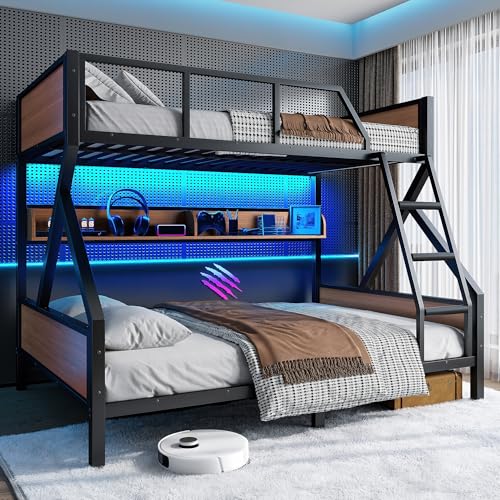 Bellemave Full XL Over Queen Size Bunk Bed with Storage Shelves and LED Lights Heavy Duty Adult Bunk Beds with Angled Ladder Metal Queen Bunk Bed Black