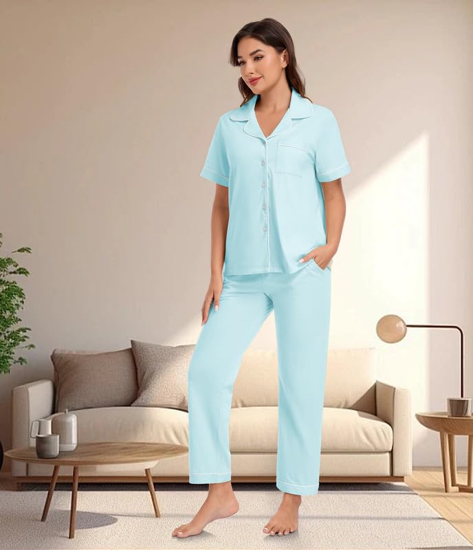 Image of CF 100% Cotton Pajamas for Women Set 2 Piece Short Sleeve Tops and Long Pants Comfy Well-Fitted Loungewear Set Pj Sets