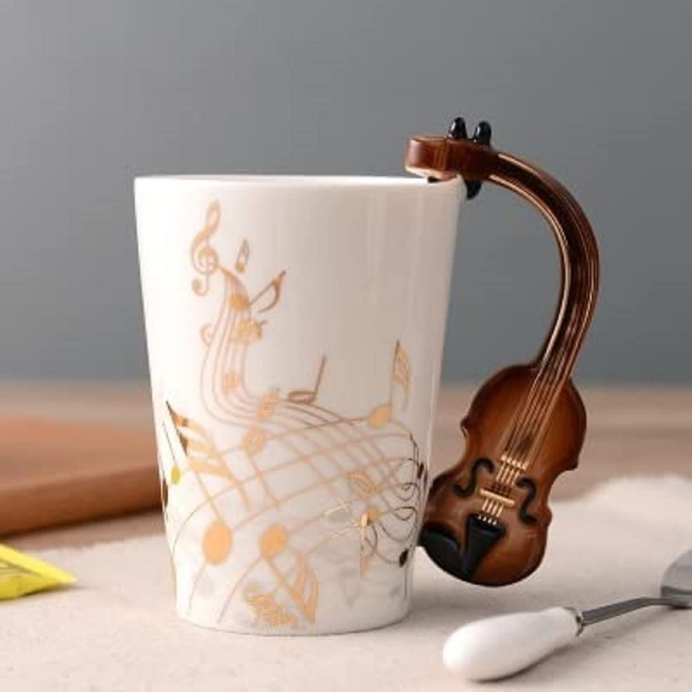 SuperglockT Porzellan Kaffeetasse Teetasse Gold Notenschlüssel bedrukt Kakaobecher Geschenkidee Kaffeebecher Instrument Griff Keramiktasse 250ml (Geige)