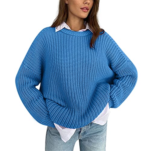 Eauptffy Jersey casual para mujer, informal, suelto, perezoso, chaqueta de punto para mujer, ropa de abrigo de manga larga, cuello redondo, suéter de punto de invierno para mujer, BU1, L