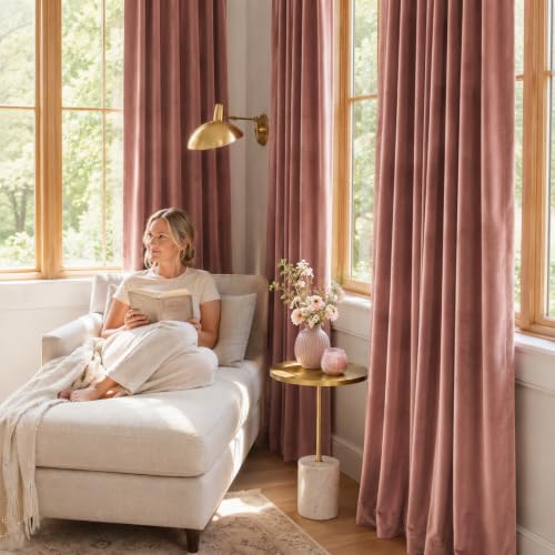 Image of Dusty Rose Velvet Curtains Privacy Soft Romantic 90 Inch 2 Panels | soft, block light, for bedroom living room, light shifting textured, luxury drape, cozy ambiance, rod pocket, back tab
