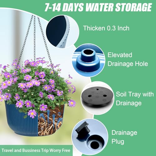 Hanging Planters 9/10/11 Inch for Indoor Plants, 3 Pack Plant Hanger Outdoor with Drainage Holes, Self Watering Hanging Basket Flower Pot for Garden Home Decor, Dark Blue - Image 5