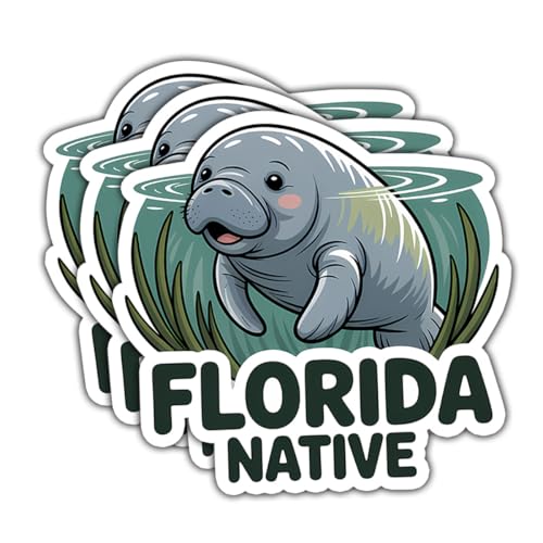 3 Pcs Florida Native Stickers, Cute Manatee Sea Cow Wildlife Ocean Design, Funny Sunshine State Animal Vinyl Stickers Die-Cut Waterproof for Laptop, Water Bottle, Phone, Window, Helmet (3 inch)