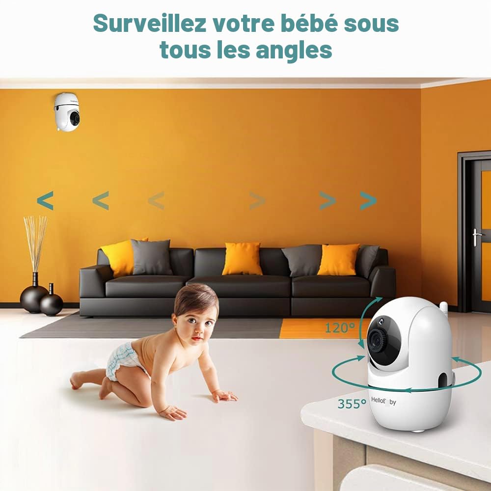 HelloBaby Babyphone Caméra Moniteur Vidéo 3,2 inches LCD Babyphone Vidéo Bébé Surveillance avec 2 Caméras, 360° PTZ Camera Bebe Surveillance, Vision Nocturne (HB65)