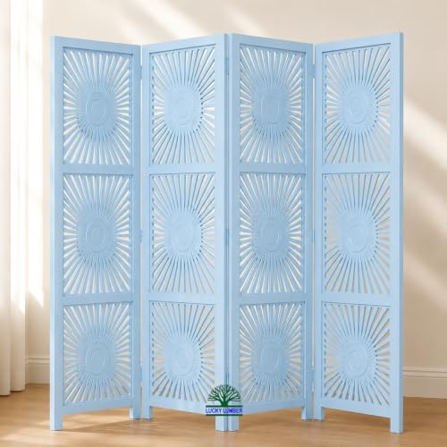 Image of Wooden Room Divider Partition for Living Room | Foldable 4 Panel Decorative Privacy Screen Separator for Home, Office & Bedroom | Modern (Light Blue)
