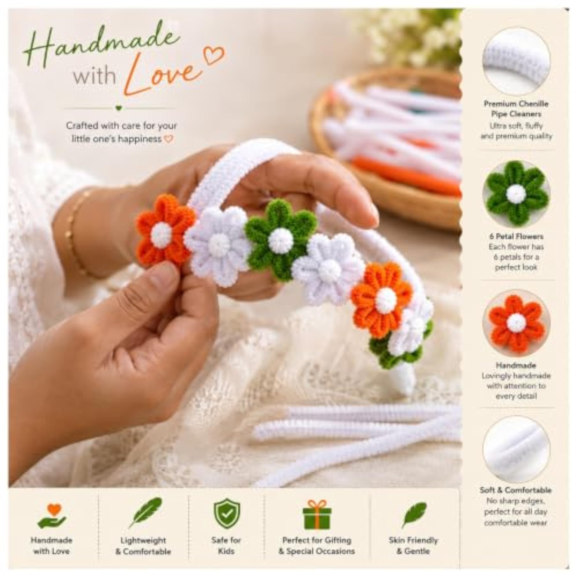 Handmade Tricolor Flower Headband with Matching Hair Clips