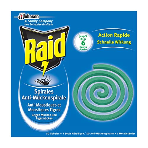 Raid Spirales Anti-Moustiques Bande, 10 Spirales, 1 Socle Métallique, Usage Extérieur, Diffusion 6h, Insecticide - Lot de 4 Raid Spirales Anti-Moustiques Bande, 10 Spirales, 1 Socle Métallique, Usage Extérieur, Diffusion 6h, Insecticide - Lot de 4