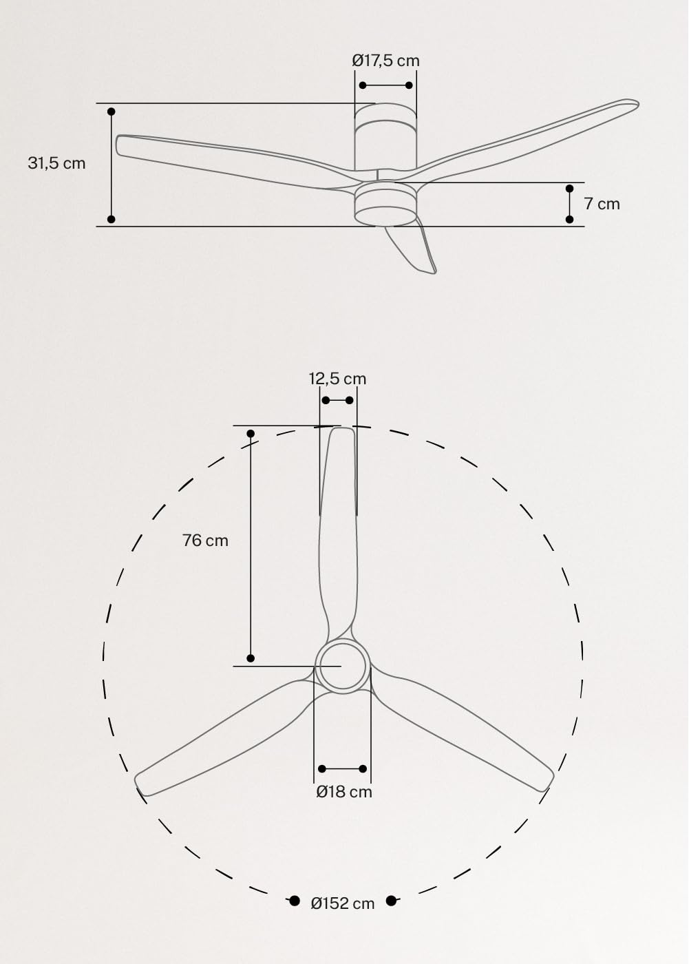 CREATE / WINDCALM L/Ventilateur plafond ABS blanc pales bois clair contrôleur et télécommande / Ø152 cm, 3 températures, fonction été-hiver