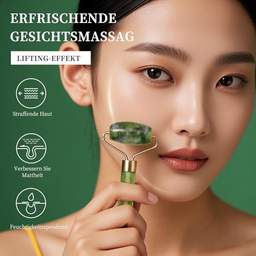 Jade Roller Gesicht Vitamin C Serum und Guasha Stein Massage Set, Natural Gesichtsroller, Glättendes Serum, Massage Roller für geschwollene Augen, Hautstraffung, Jawline, feine Linien