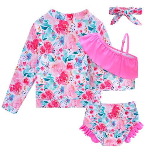 Image of Funnycokid Baby Toddler Girls Swimsuit 4 Piece Bathing Suit Long Sleeve Rash Guard Sets 12 Months-7 Years