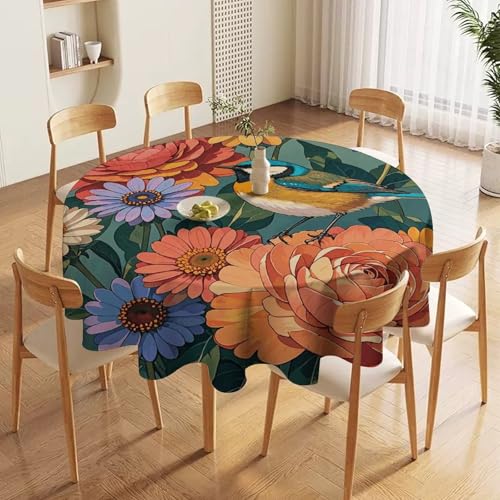 Nappe ronde en polyester imprimé fleurs oiseaux 177cm lavable table décorative extérieur - 6