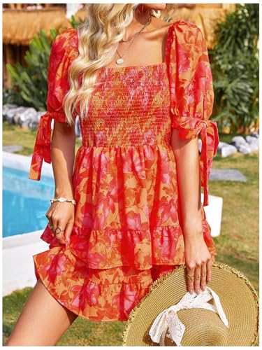 Image of Floerns Women's Floral Print Puff Sleeve Square Neck Tiered Layer Shirred Dresses