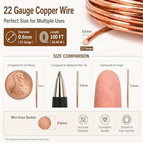 Image of Therwen 100ft 22 Gauge Copper Wire for Gardening, Electroculture, Bonsai, Jewelry Making Beading DIY Craft Pure Bare Copper Wire Spool