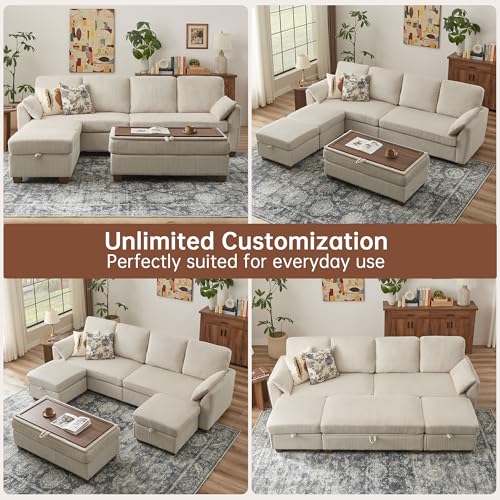 Image of Convertible Sectional Sofa with Storage Ottomans & Coffee Table, Modern Corduroy, U-Shaped Couch with Double Chaise & Storage Long Bench, 4 Seater Sofa Set Couches for Living Room, Beige