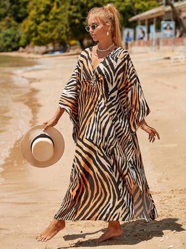 Image of IMAGEKOPE Women's Plus Size Animal Print V-Neck Batwing Kaftan Beach Dress Bathing Suit Cover-Up Loungewear