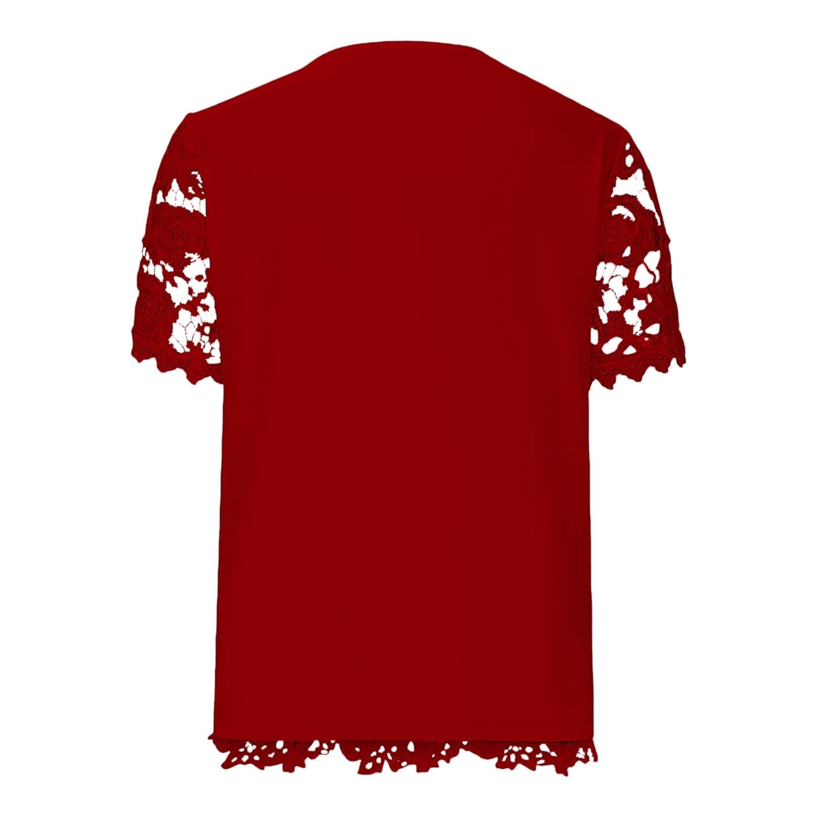 Top Estivi da Donna Camicie da Lavoro Eleganti a Maniche Corte con Ricami in Pizzo all'Uncinetto T-Shirt Eleganti(Red,XL)