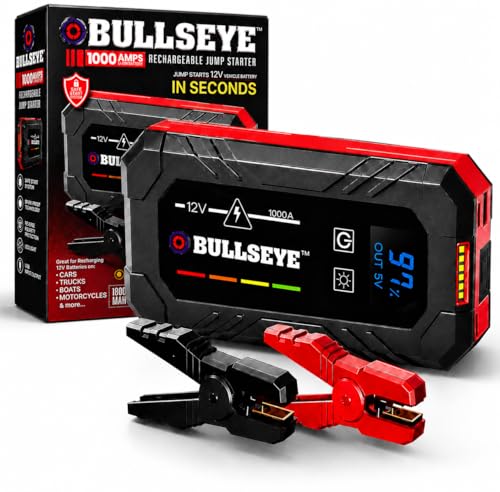 Bullseye Safety XL 1000A Car Battery Jump Starter Box with Jumper Cables, 12V Car Jump Starter Portable Booster for 6.0L Gas and 3.0L Diesel Engines, 2250 mAh Rechargeable, Reverse Polarity Protection