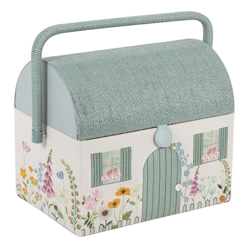 Hobby Gift Caja de costura bordada: diseño floral estilo cabaña de campo, techo y asa de mimbre, incluye bandeja interna de plástico con compartimentos para artesanos creativos - 21 x 30 x 26 cm