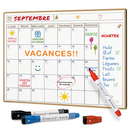 Previs Calendrier Magnetique Frigo A4 (21X29CM) avec 3 Marqueurs Premium- Planning Magnetique - Magnet Organisateur Familial Polyvalente - Tableau Magnetique...