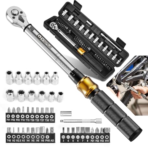 VIGRUE Drehmomentschlüssel Fahrrad, 1/4 Zoll Drehmomentschlüssel 5-25 Nm ±4% Fehlergenauigkeit mit Verlängerungsstange, Universalgelenk, Magnetische Zündkerzenhülse, Bits für Fahrrad und Motorrad