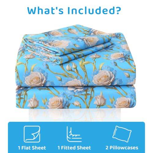 Image of Mooreeke Cozy Floral Microfiber Printed Twin Sheet Set - Soft & Breathable 3D Rose Bed Sheets with Deep Pocket - Non-Slip Fitted Design - Blue White Rose Pattern - Queen