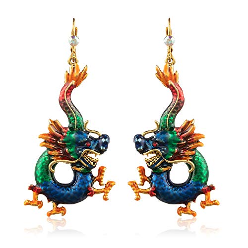 Superchic Dragon Earring Handmade Bold Statement Red Enamel Dangle Gothic Dragon Leverback Embedded with Austrian crystals in 24K Gold plating for Party Festival
