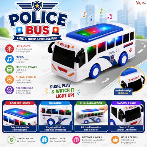 Image of VikriDA Friction Powered Police Bus Toy for Kids | Light & Sound Battery Operated Vehicle with LED Effects