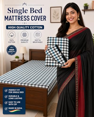 Image of Cotton Mattress Cover Protector for Single Bed with Strong Zip /Chain || Size (72x36x4) Inch / 6x3 Feet (Blue)