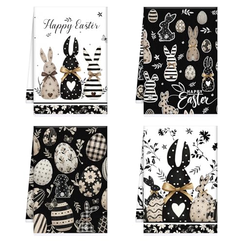 InIsaJace Happy Easter Kitchen Towels, Bunny Eggs Dish Towels Gifts for Cooking Cleaning Set of 4, Farmhouse Spring Rabbits Hand Towels for Bathroom Home Decor