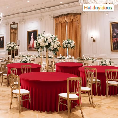 Image of HolidayIdeas 6 Pack Red Spandex Table Skirt for 60 Inch Round Tables, Fitted Stretch Tablecloth for 5 Ft Circular Tables, Wrinkle Resistant Ruffle Design for Valentine's Day, Monther's Day, Weddings