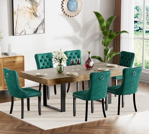 Image of 63 inch-78.74 inch Brown Extendable Dining Room Table Set for 6, 7-Piece Dining Table Set with 6 Upholstered Chairs, Rectangle Wooden Expanding Kitchen Table and Green Chairs Set