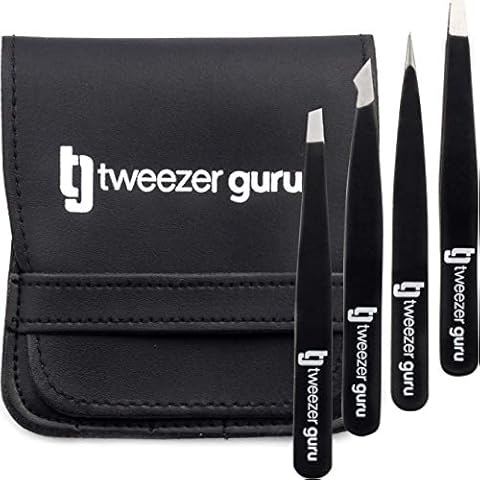 Tweezers Set 4-Piece - Tweezer Guru Stainless Steel Slant Tip and Pointed Eyebrow Tweezer Set - Great Precision for Facial Hair Ingrown Hair Splinter Blackhead and Tick Remover (Black) Cover